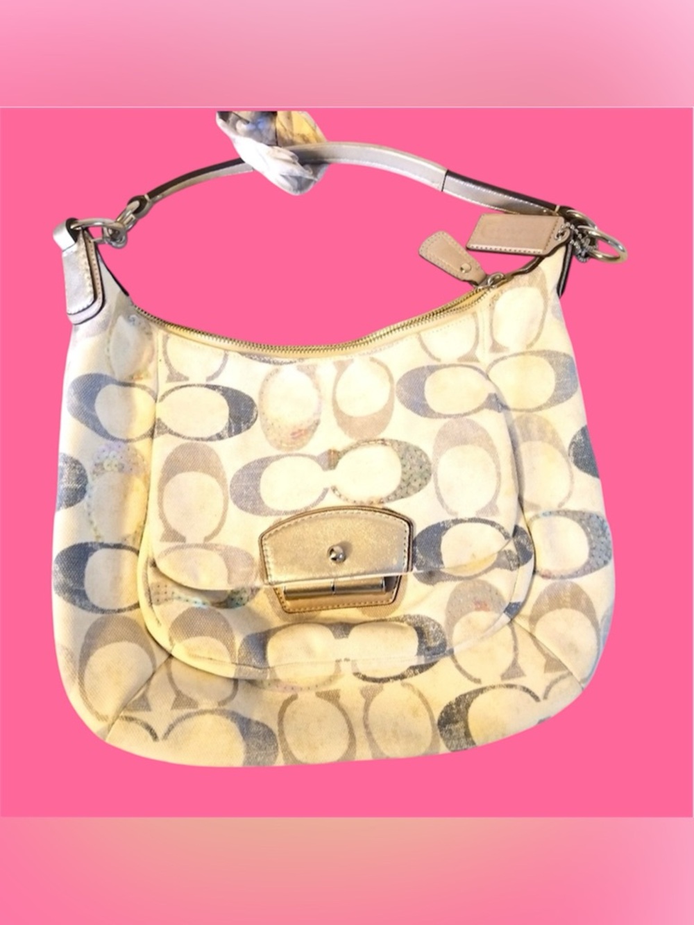 COACH Kristin Embellished Sequin Signature Satchel Bag Purse Hangtag Coach Scarf